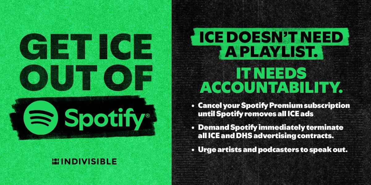 IntegrityCompa1's tweet image. #BoycottSpotify 

Cancel your subscription until the ICE ads are removed, engage in peaceful protests outside the streaming giant’s offices and events, and call on artists to boycott the platform.