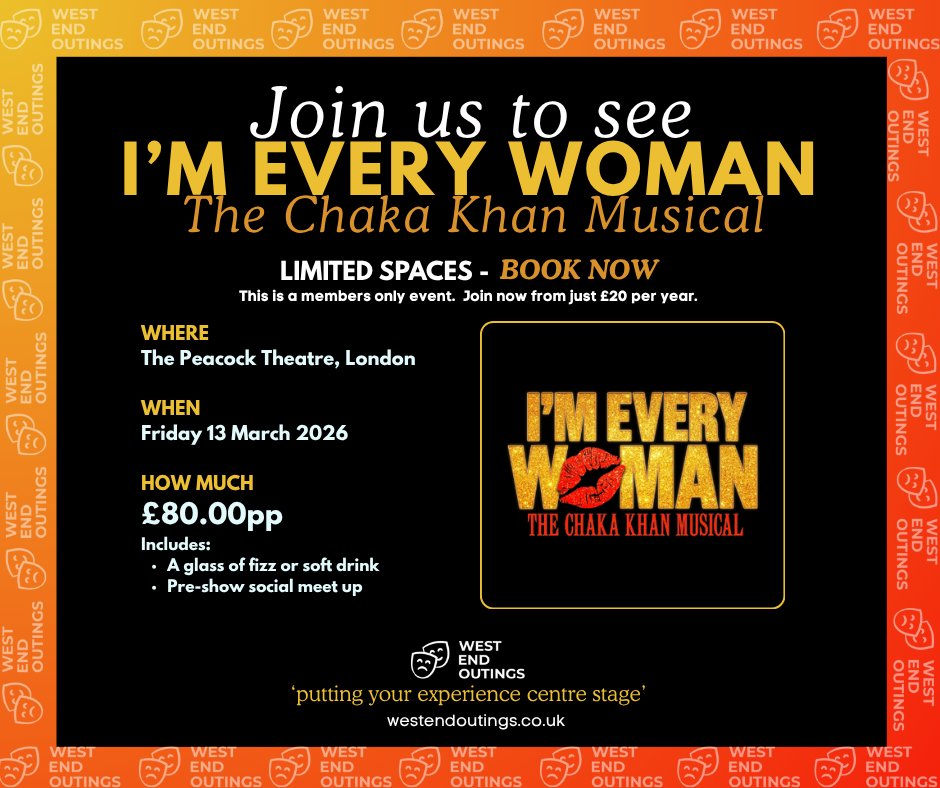 westendoutings's tweet photo. 💃 Are you ready for an incredible night out? 👯‍♂️ Join us for 'I'm Every Woman - The Chaka Khan Musical' featuring the amazing Alexandra Burke! With front row seats, you'll enjoy every moment up close. Make new friends and share the joy of theatre! #MusicalTheatre #Friendship https://t.co/pVdAnNqLJ9