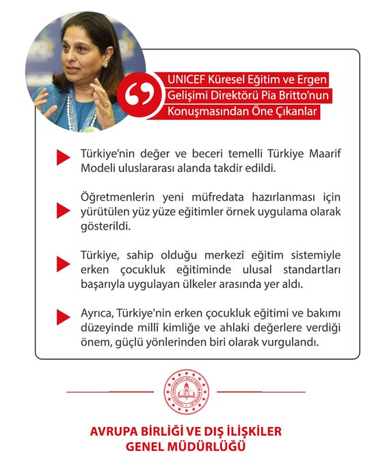 Graphic design with red borders featuring Turkish flag elements and text in Turkish about educational diplomacy successes highlighted by UNICEF at G20 Summit including details on Turkeys exemplary practices in child education access and global sharing followed by official Ministry of National Education seal at the bottom. Second image shows a professional headshot of a woman in formal attire with overlaid Turkish text quoting her on successful educational models implemented in Turkey emphasizing teacher training data-driven policies and support for disadvantaged students in primary education systems.