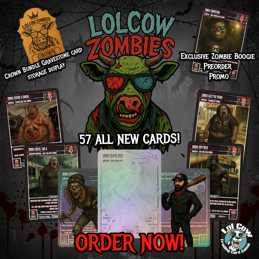 LolcowTCG's tweet image. 🧟‍♂️ The herd has risen… 🧟‍♀️

From the ashes of the LolCow Universe comes LolCow Zombies — where your favorite hosts claw their way back from the grave in terrifying new forms.  Each preorder gets an exclusive @Boogie2988 Zombie promo card!

⚰️ 1st Edition Release
💀 Brand new…