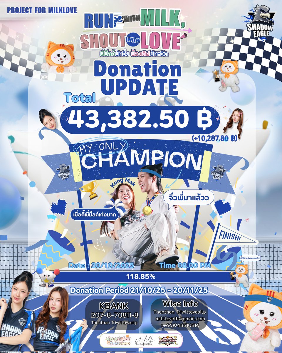 โปรเจกต์ "พี่มิ้ลค์นักวิ่ง น้องเลิฟนักหวีด - Run with Milk, Shout with Love" 💚🏃‍♀️💖😘 Donation Update 

💯 ตู้ม!!! แตก!!! 💥 ขอบคุณทุกคนสำหรับยอดโดเนทที่ถล่มทลายในเวลาอันรวดเร็ว พลังของทุกคนช่วยพาพี่มิ้ลค์ไปอุ้มน้องเลิฟแบบเริ่ด ๆ สับ ๆ ได้สำเร็จแล้วค่า 💚💖😘