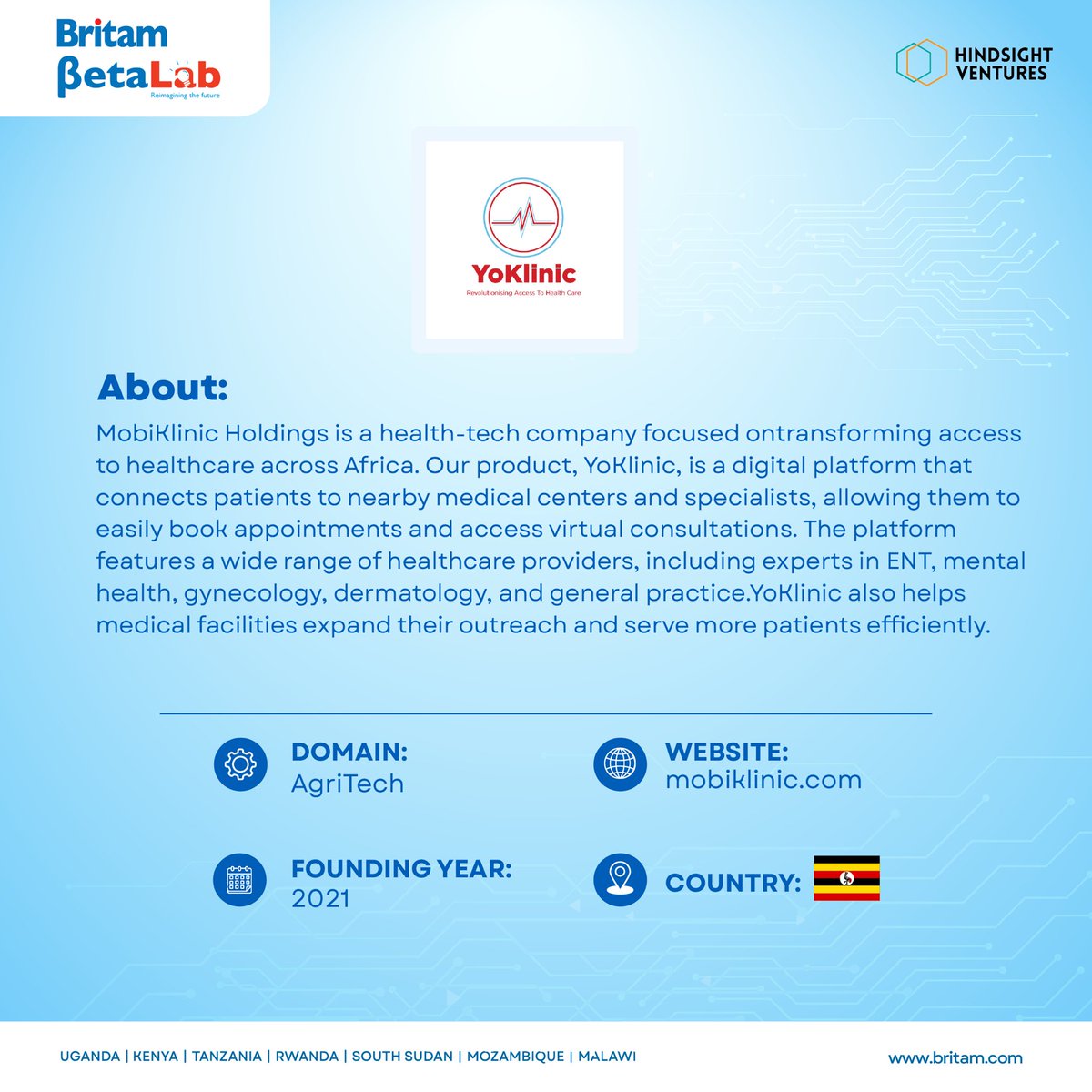 Transforming healthcare across Africa! 

We're shining a spotlight on Mobiklinic Holdings Limited, a health-tech startup founded by Andrew Ddembe and part of the Britam BetaLab 'Start Up Challenge 2025' cohort.

Their digital platform, <a href="/Yoklinic/">Yoklinic</a>, connects patients in Uganda and