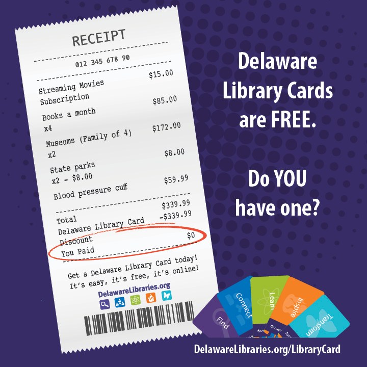 Visit delawarelibraries.org/librarycard to sign up for a library card online, and then visit: lib.de.us/emedia to start reading today. 

The best part... it is all FREE!