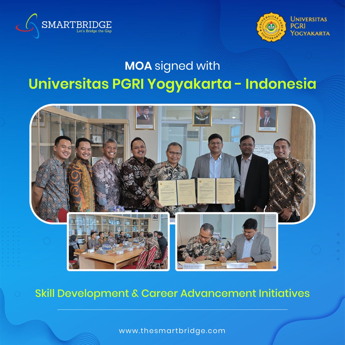 thesmartbridge's tweet image. Advancing Education &amp;amp; Empowering Talent — Across Nations! 🌏

#SmartBridge partners with Universitas PGRI Yogyakarta, Indonesia to drive #SkillDevelopment &amp;amp; #CareerAdvancement for the next-gen #talent.

Together, we’re shaping future-ready talent through skill-driven #innovation!