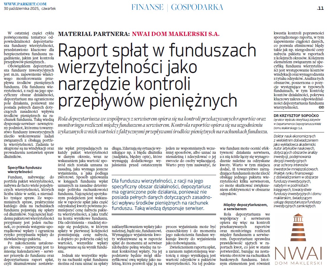 Dzisiaj w <a href="/Parkietcom/">Parkiet</a> ostatni z cyklu artykułów poświęconych funduszom wierzytelności, przygotowanych przez pracowników Departamentu Depozytariusza NWAI DM.

parkiet.com/finanse/art432…

📩 Szukasz profesjonalnego depozytariusza? 
📩 depo@nwai.pl

 NWAI Dom Maklerski S.A.