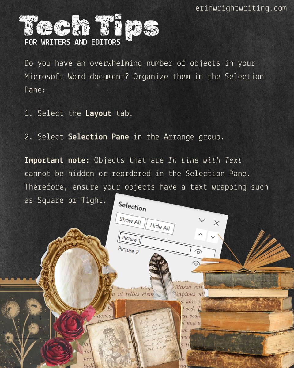 ErinWrightEdit's tweet image. Do you have an overwhelming number of objects in your Microsoft Word document?😣 Organize them in the Selection Pane.🤓 #techtips #microsoftword #writingcommunity #amwriting #amediting