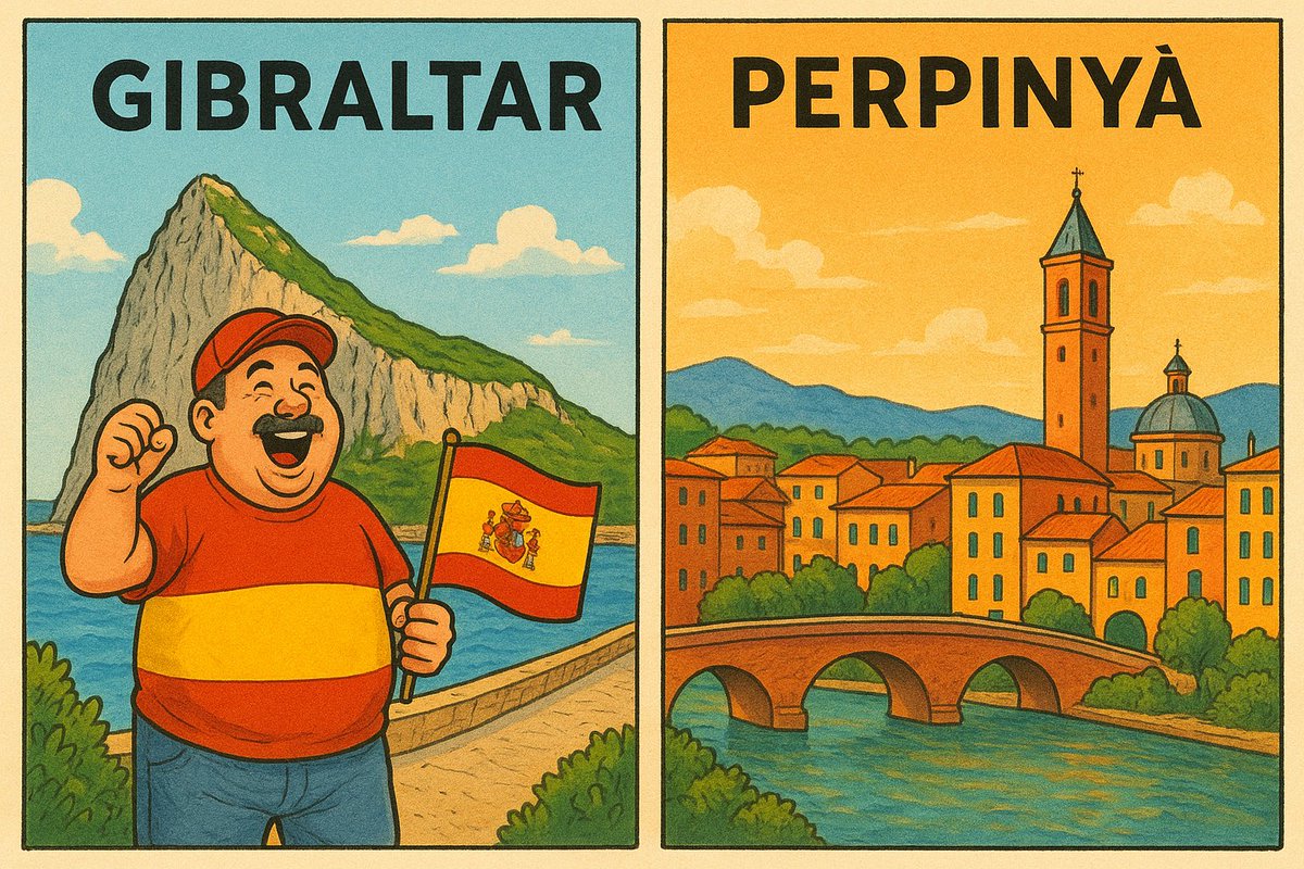 marcgodia's tweet image. Gibraltar, dependència britànica des del Tractat d'Utrecht (1713). Reclamat vehementment pel nacionalisme espanyol.

Perpinyà, entregat a França pel Tractat dels Pirineus (1659), ni apreciat ni reclamat.

Part integrant de la nació castellana vs membre amputable de nació ocupada.