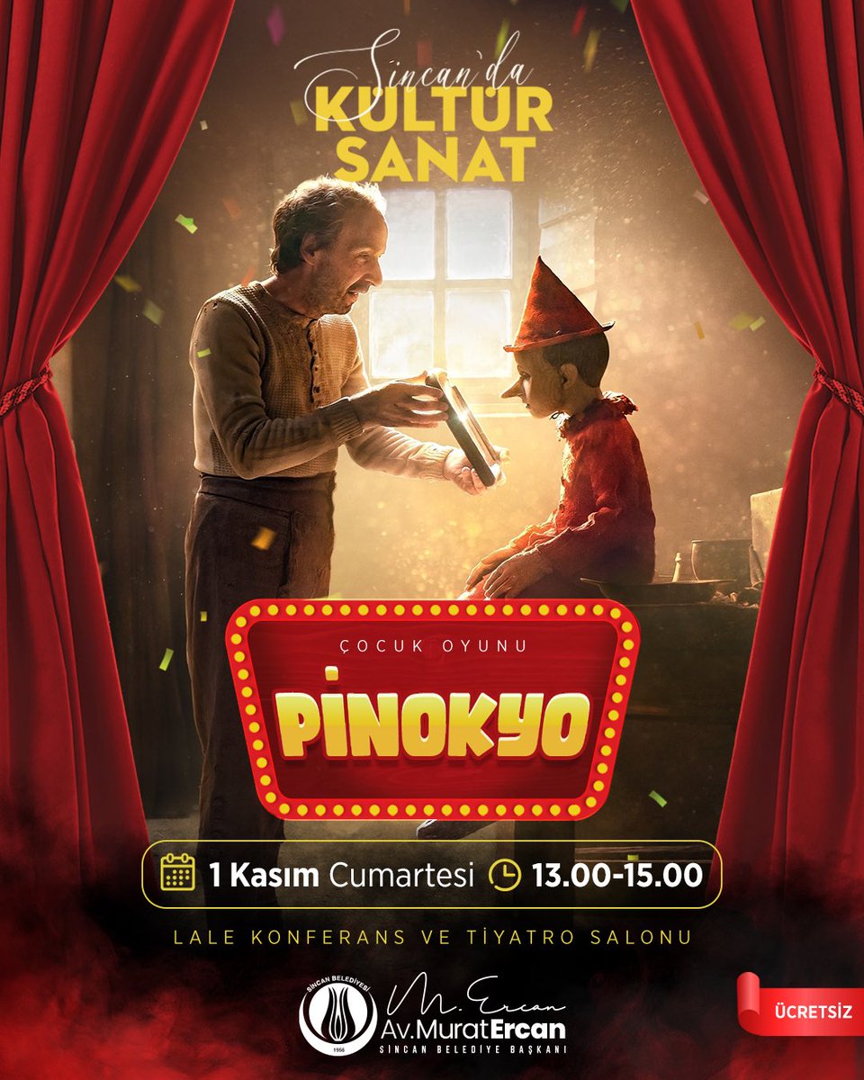 Sincan’da Kültür ve Sanat Dolu Bir Gün  👶 👧🏻 

1 Kasım Cumartesi günü, minik tiyatroseverlerimizi büyülü bir yolculuğa çıkaracak bu keyifli tiyatro deneyimine tüm çocuklarımızı ve ailelerini bekliyoruz.

📍 Lale Konferans ve Tiyatro Salonu
⏰ 13.00 – 15.00
🎟️ Ücretsiz