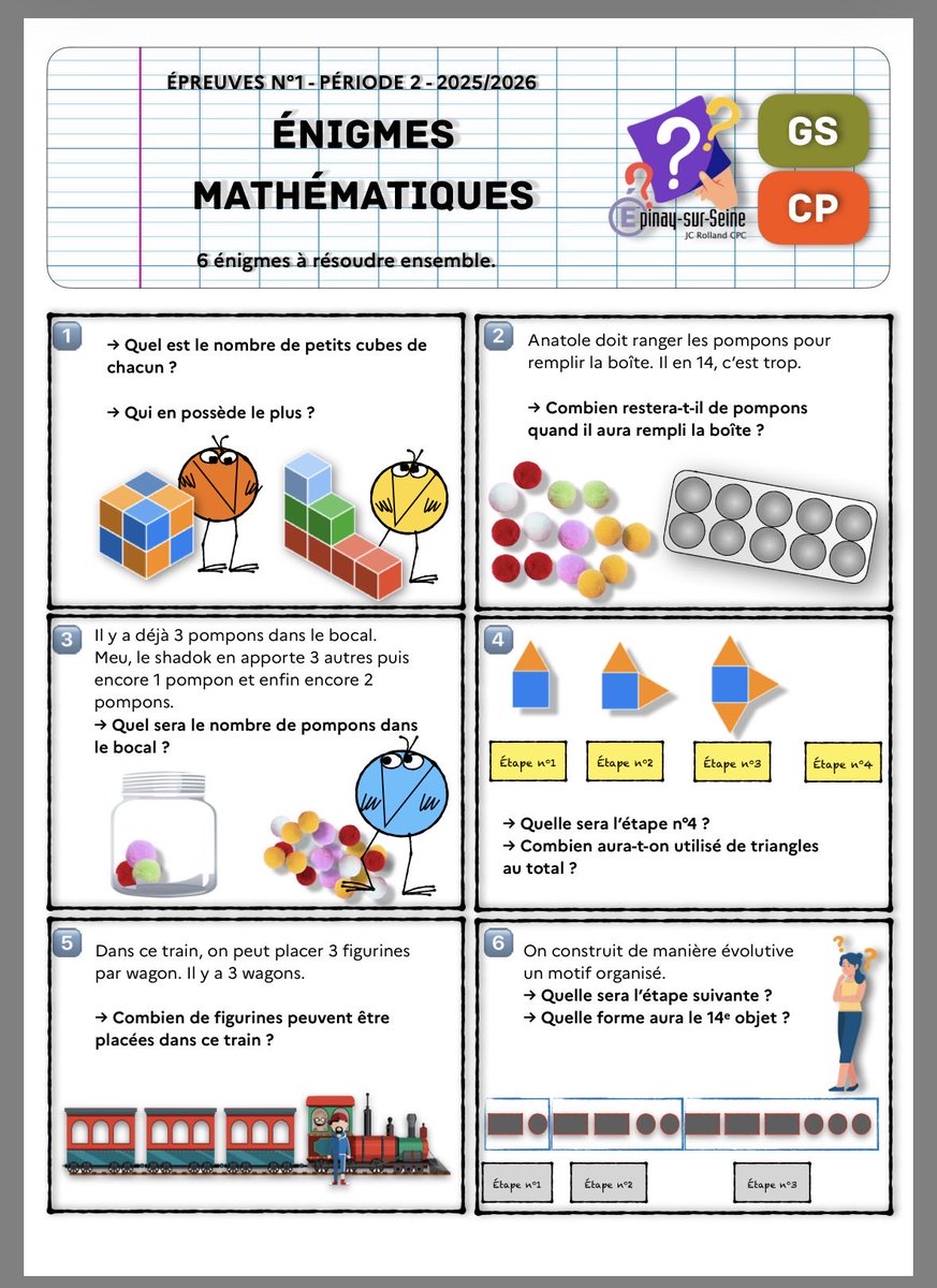 Les épreuves des énigmes mathématiques de la circonscription d’Epinay.  6 énigmes à résoudre ensemble dans un temps contraint. 
Pour les élèves de Grande Section et CP. 
ien-epinay.circo.ac-creteil.fr/spip.php?page=…