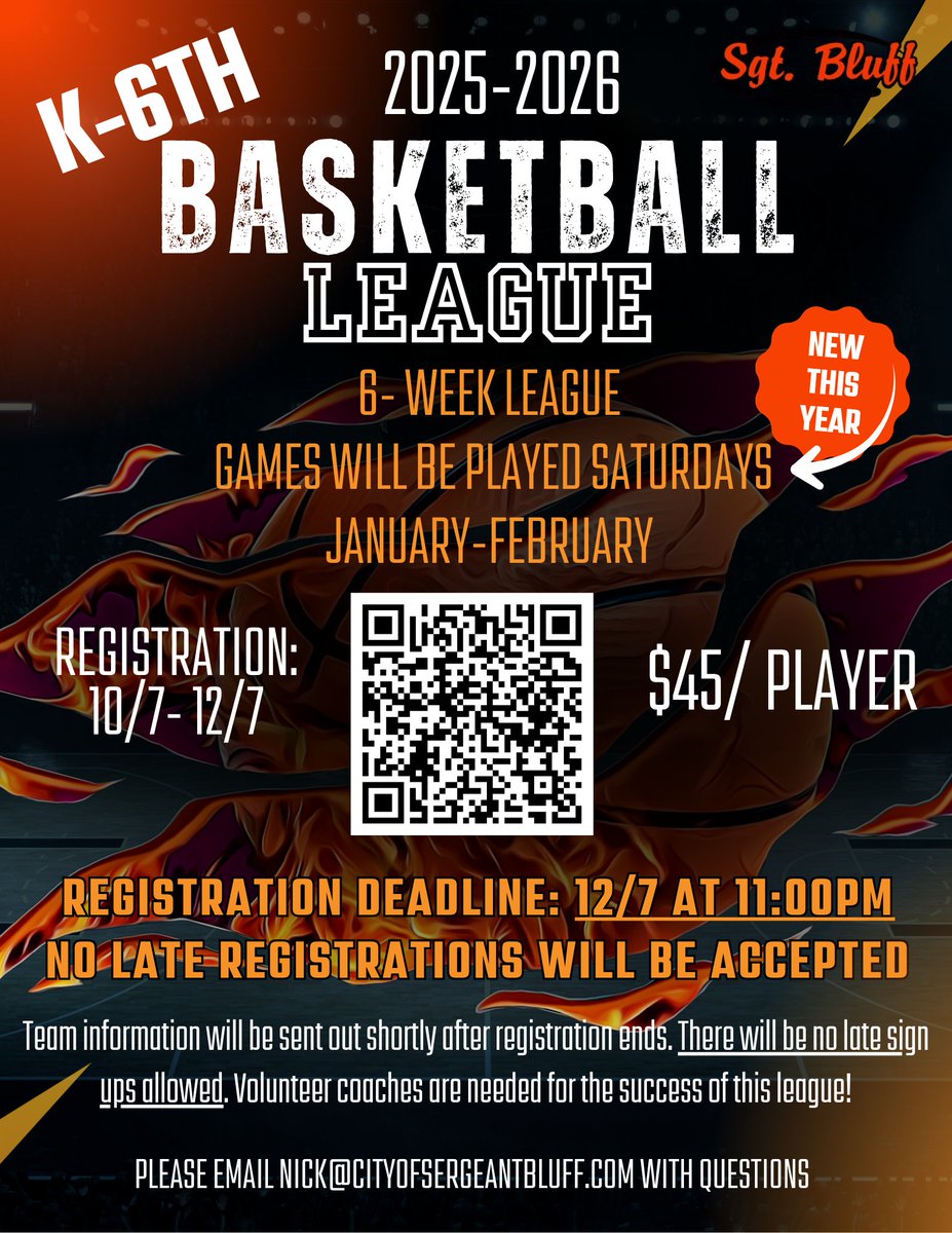 🏀Ready to play?🏀

The K-6th Youth Basketball League is open to everyone— no tryouts, no pressure, just fun! This 6-week league is an affordable way for kids to get more court time and improve their skills.
Scan the QR code or click the link in our bio to register!