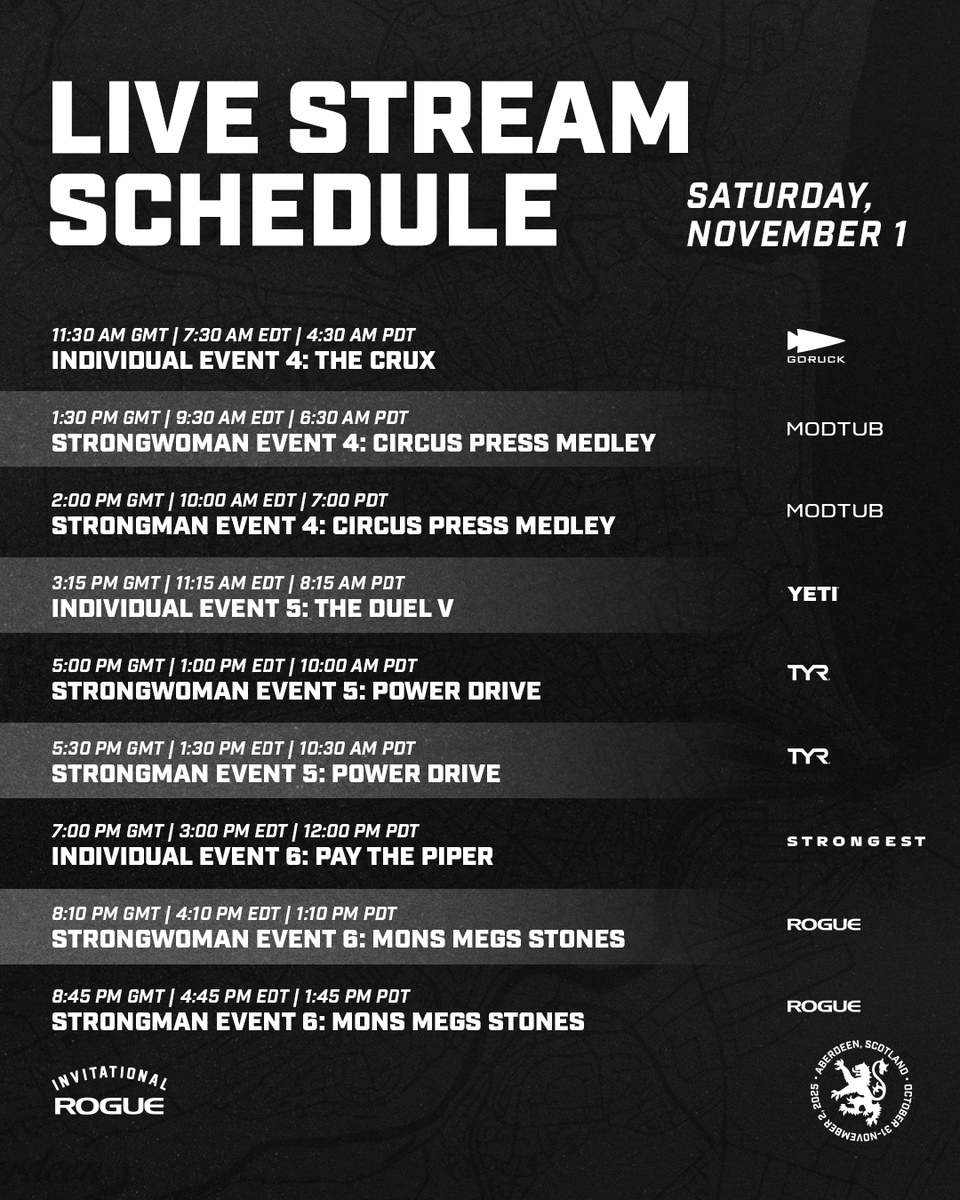RogueFitness's tweet image. Live stream schedule for the 2025 Rogue Invitational.

Don&apos;t miss any of the events: roguefitness.com/invitational/l…

#rogueinvitational #ryourogue
