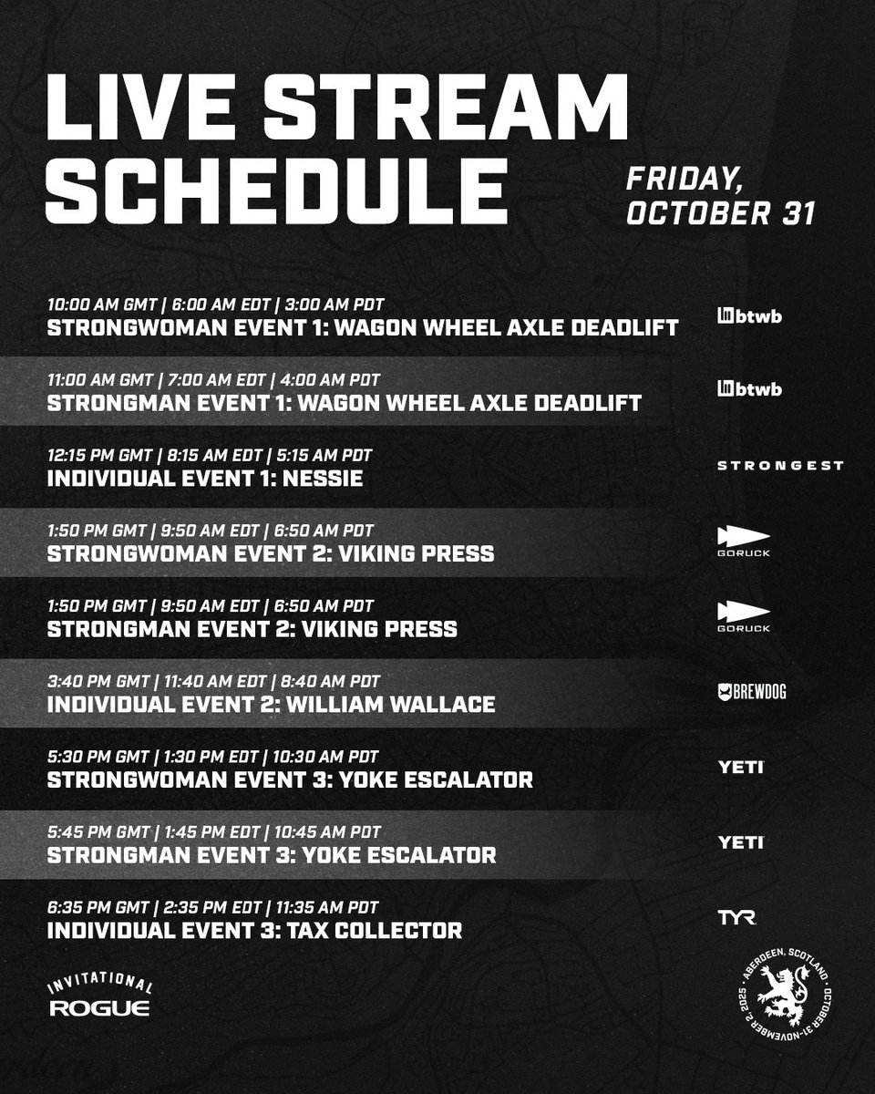 RogueFitness's tweet image. Live stream schedule for the 2025 Rogue Invitational.

Don&apos;t miss any of the events: roguefitness.com/invitational/l…

#rogueinvitational #ryourogue