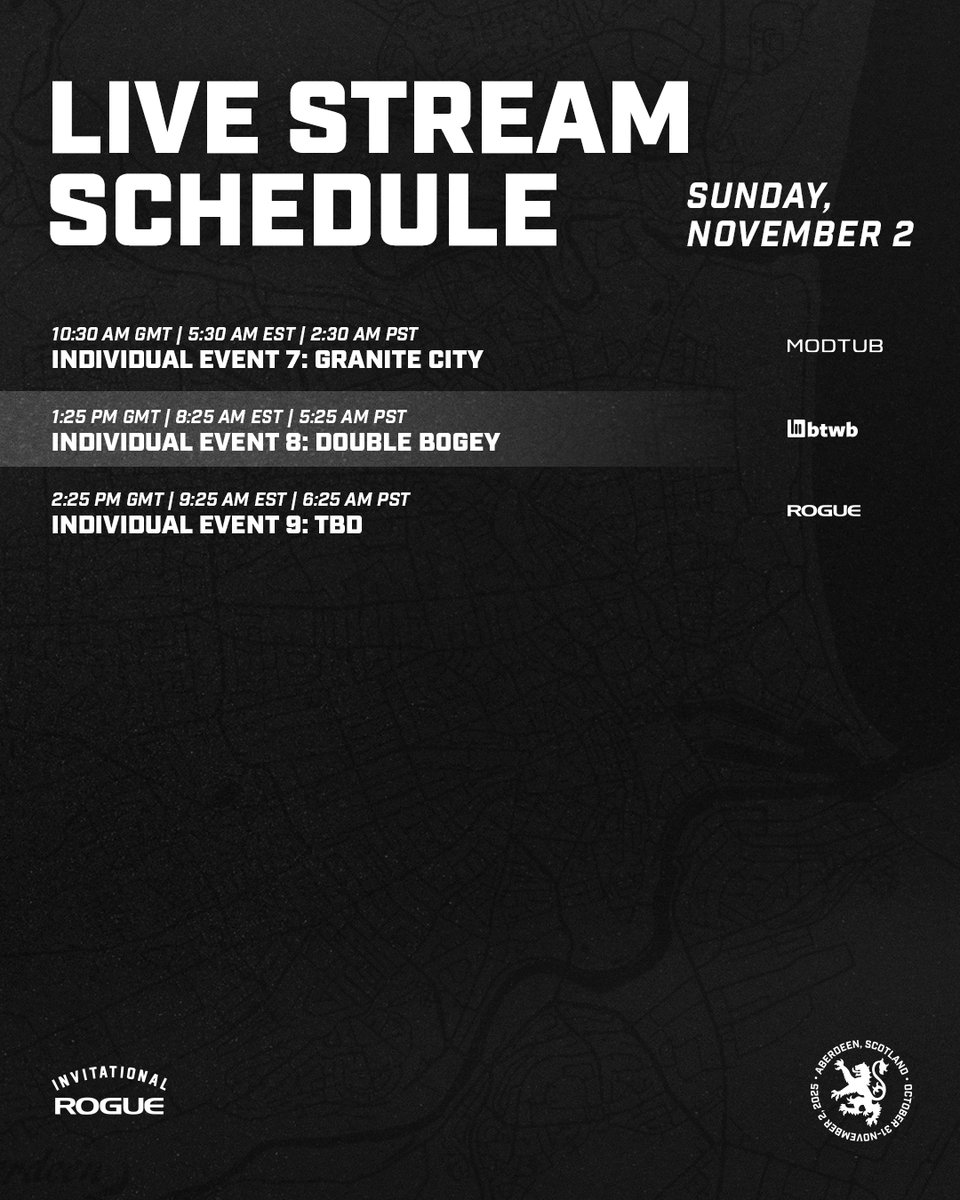 RogueFitness's tweet image. Live stream schedule for the 2025 Rogue Invitational.

Don&apos;t miss any of the events: roguefitness.com/invitational/l…

#rogueinvitational #ryourogue