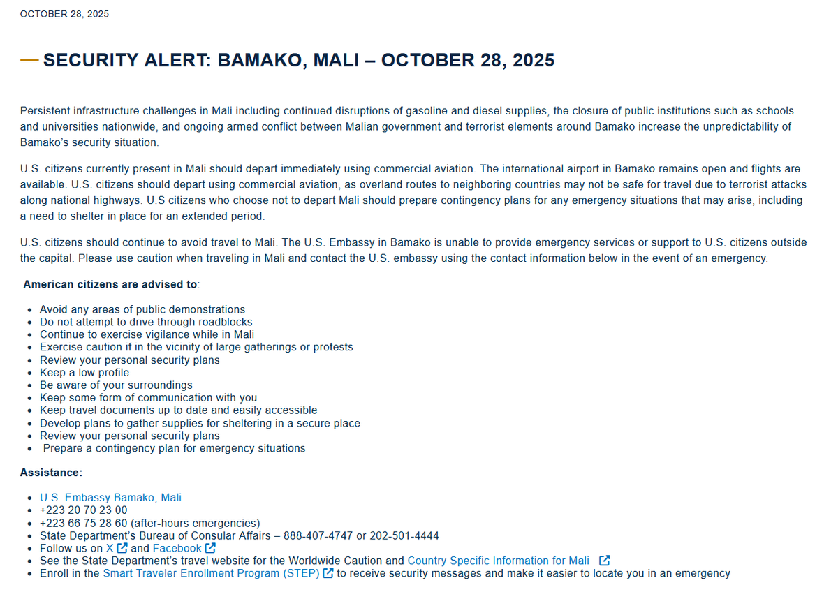 Mali 🇲🇱

L'Ambassade Américaine au Mali exhorte les ressortissants Américains encore sur place dans le pays à évacuer au plus vite le pays en raison de la détérioration sécuritaire. L'Ambassade a déjà évacué une partie de son personnel non-essentiel.