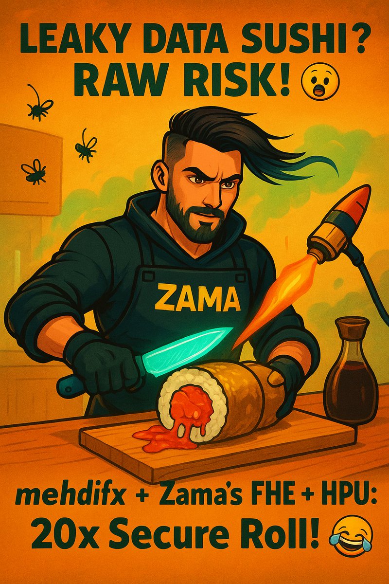 Mhdirostmifx's tweet image. Raw leaky data sushi? Hack risk! 🍣😱 mehdifx slices with FHE, HPU cooks 20x faster! 🔥🚀 Secure, delicious, unhackable!  #ZamaCreatorProgram @zama_fhe
