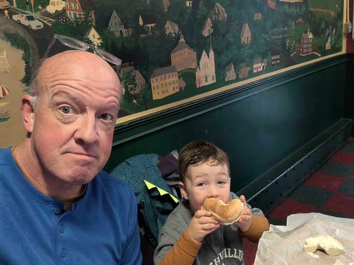 lawluke's tweet photo. Another big day with this guy that starts with a bagel because...why not! https://t.co/mGZHTl27jN