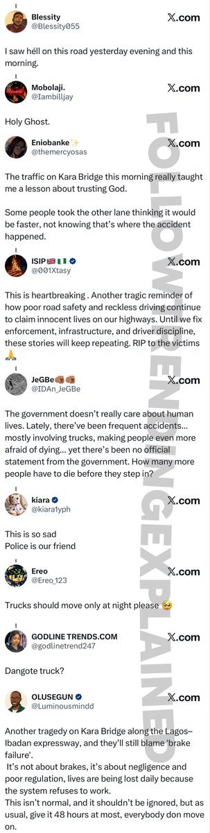 TrendingEx's tweet photo. Kara Bridge is trending because six loaded trucks including a tanker, collided resulting to eight reported deaths, including a police inspector, three got burnt beyond recognition.

Apparently, the first truck hit someone around 4am, as it fled, it lost control on the bridge and crashed through the barrier. It’s carrier (head), detached and fell into the canal, inward Mowe.

As they tried to tow it, another unsuspecting truck rammed into the tow truck and the first truck, forcing them hit another truck, spilling their contents (Biscuits and Titus Sardines)

The impact of the wreackage sparked a fire that burnt 4 occupants; motor boys and driver, burnt beyond recognition.

Extending the traffic backlog on Ogunnusi Road, Lagos-Ibadan Expressway.

Eight people confirmed dead, including a police inspector escorting one of the trucks. While six were fatally injured. The figures could rise in subsequent reports.

Rescue and evacuation operations are still underway. The Story is corroborated by multiple sources.

Follow @TrendingEx for daily explanations.