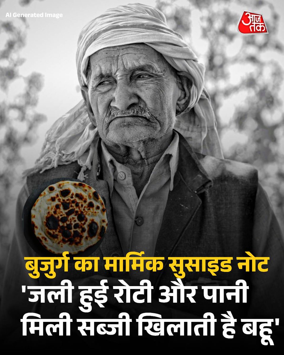 aajtak's tweet image. 'जली हुई रोटी और पानी मिली सब्जी खिलाती है बहू', 62 साल के बुजुर्ग का मार्मिक सुसाइड नोट, 5 पेज में लगाए प्रताड़ना के आरोप 

पूरी ख़बर : shorturl.at/WD0Sz

@ReporterRavish #SuicideNote #ElderlyAbuse #Heartbreaking #ATCard #AajTakSocial