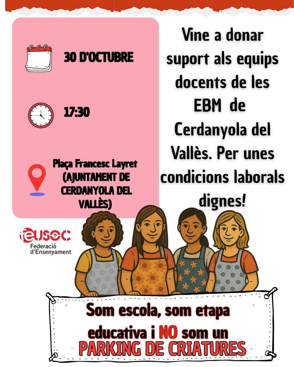 🗓️ Avui, 30 d’octubre  a les 17:30 h
📍 Plaça Francesc Layret (Cerdanyola)
✊ Les treballadores de les EBM de Cerdanyola alcen la veu!
#Infantil03 <a href="/puntinfo/">Cerdanyola .info</a> 
<a href="/Cerdanyola/">Cerdanyola</a> 
T’esperem!