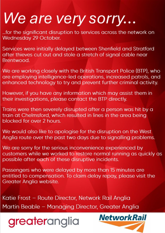 GreaterAngliaPR's tweet image. Service disruption – Wednesday 29 October