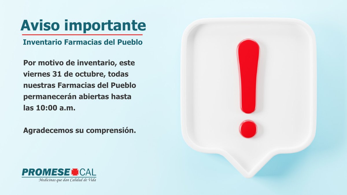 PromesecalRD's tweet image. En cumplimiento de nuestros procesos internos de control y calidad, nuestras 💊 Farmacias del Pueblo tendrán un horario especial este viernes 🗓️ por motivo de inventario.
Agradecemos su comprensión y apoyo🤝.
#PROMESECAL