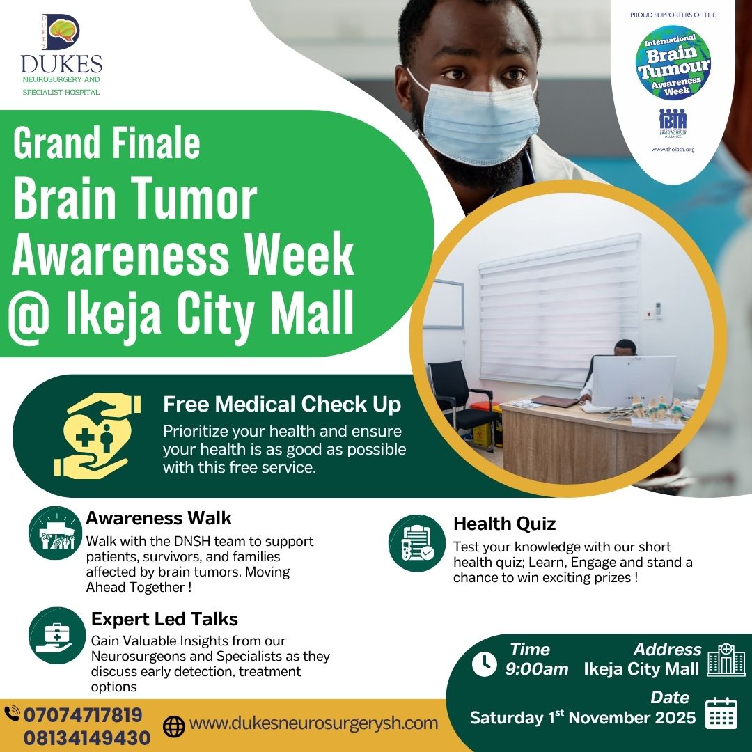 DukesNeuroSH's tweet image. Free Medical Check!

Join us at Ikeja City Mall on Sat, Nov 1, 2025 (9AM) for Brain Awareness Week 2025.

Meet our Specialists, check your vitals, and learn how to protect your brain health. 

📞 08134149430 | 07074717819
#BrainAwarenessWeek #DukesHospital #BrainHealth