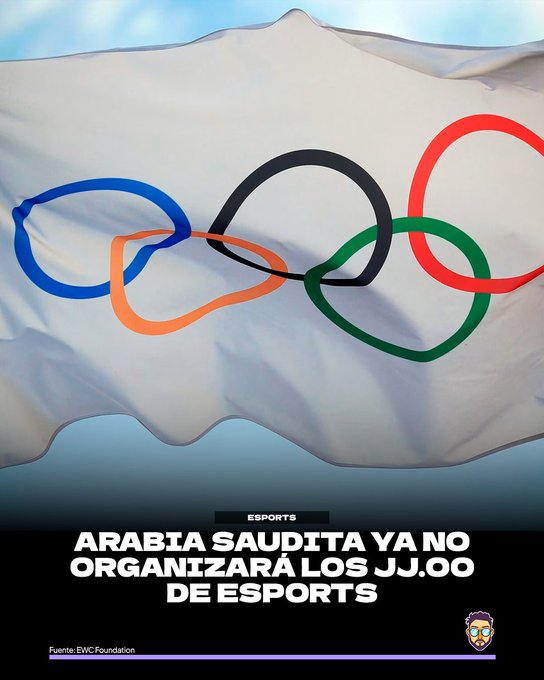 A flag featuring the Olympic rings in blue black red yellow and green interlocked against a white background with a blue sky above. Below the flag black text reads ARABIA SAUDITA YA NO ORGANIZARA LOS JJ.OO DE ESPORTS. Further below in white text on black background ARABIA SAUDITA YANO ORGANIZARA LOS JJ.OO DE ESPORTS. At the bottom right a circular emblem with a face and text Fuentes Fundacion.