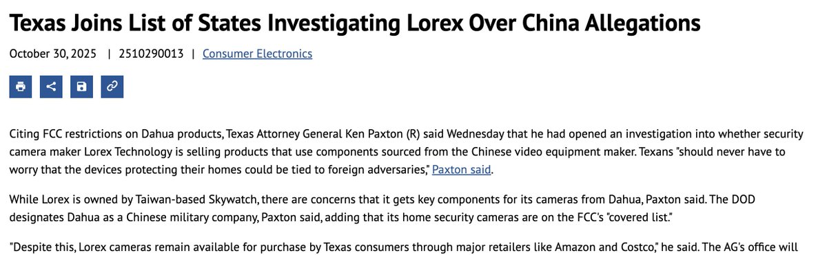 . <a href="/texasag/">Ken Jackson</a> joins Neb. and Fla. AGs in taking action against security camera maker Lorex for supposedly sourcing components from China's Dahua. <a href="/Comm_Daily/">Communications Daily</a>