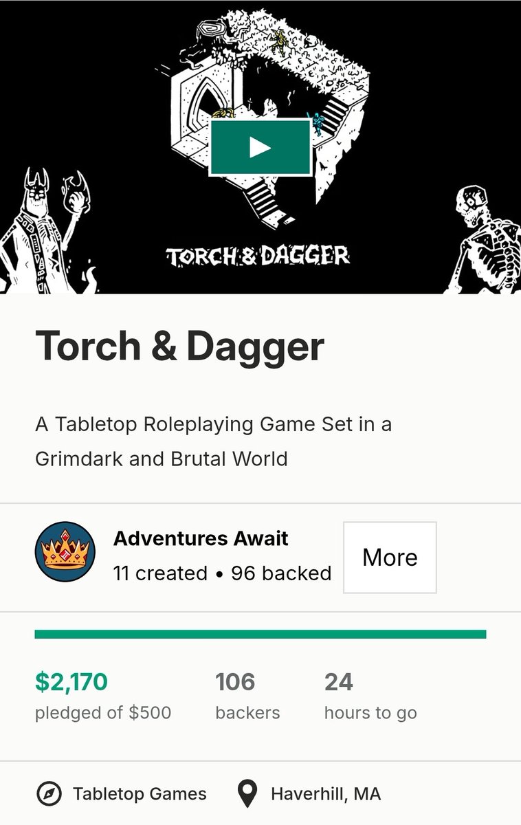 We're over 400% funded with over 100 backers on Kickstarter, but time is running out! Go check out Torch &amp; Dagger at the link below!

kickstarter.com/projects/adven…

#ttrpg #ttrpgfamily #indiecreator #rpg #gaming
