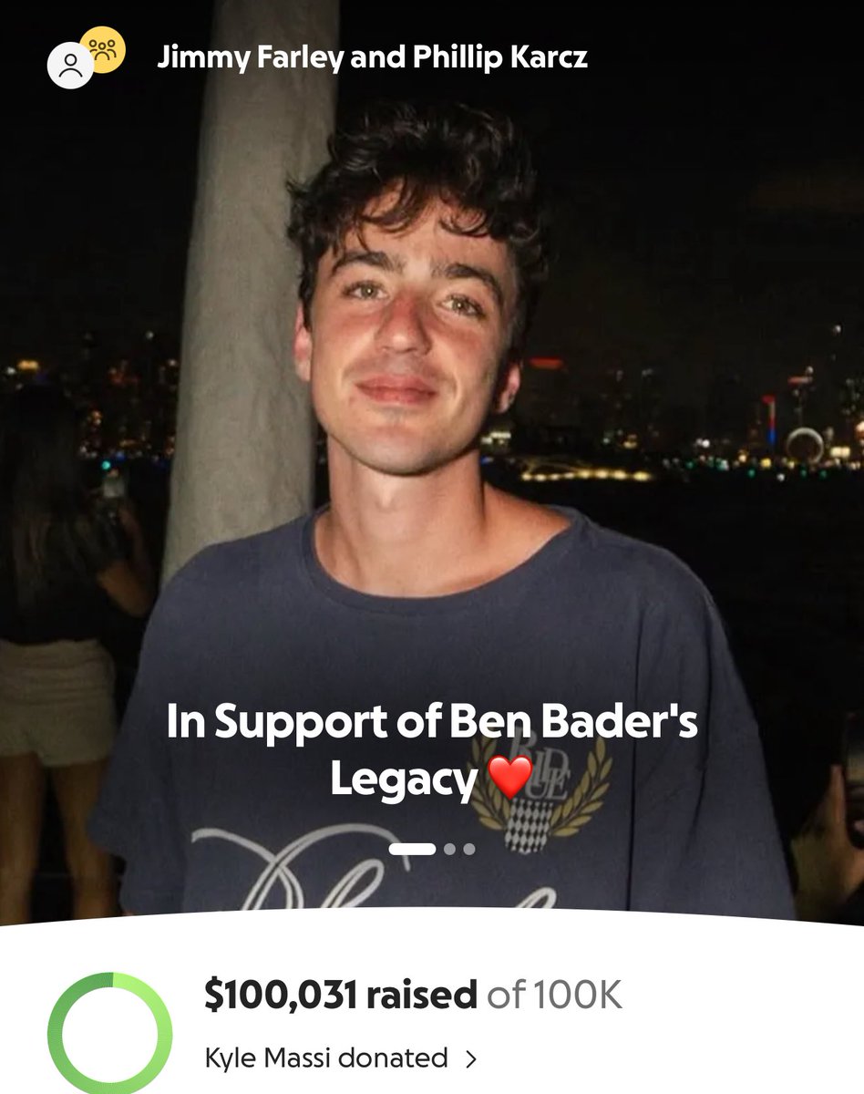 Made the last donation to help the Ben Bader fund hit $100k

Thank you <a href="/phillipkarcz/">phillip karcz</a> and <a href="/JimmyFarley00/">Jimmy Farley</a> for putting this together ❤️

Ben will forever live with us in our hearts.

If you haven’t already please support the mission of getting Ben’s voice out there. Even if it’s not
