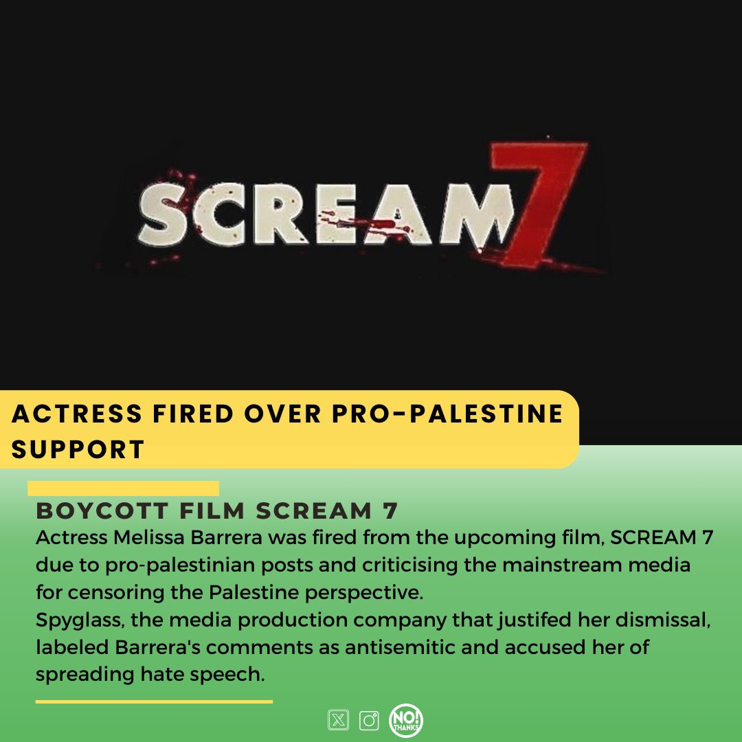 aliasocfan's tweet image. @spyglassmedia fired Melissa Barrera from Scream 7 for saying killing Palestinians is wrong. #BOYCOTTSCREAM7 #FreePalestine