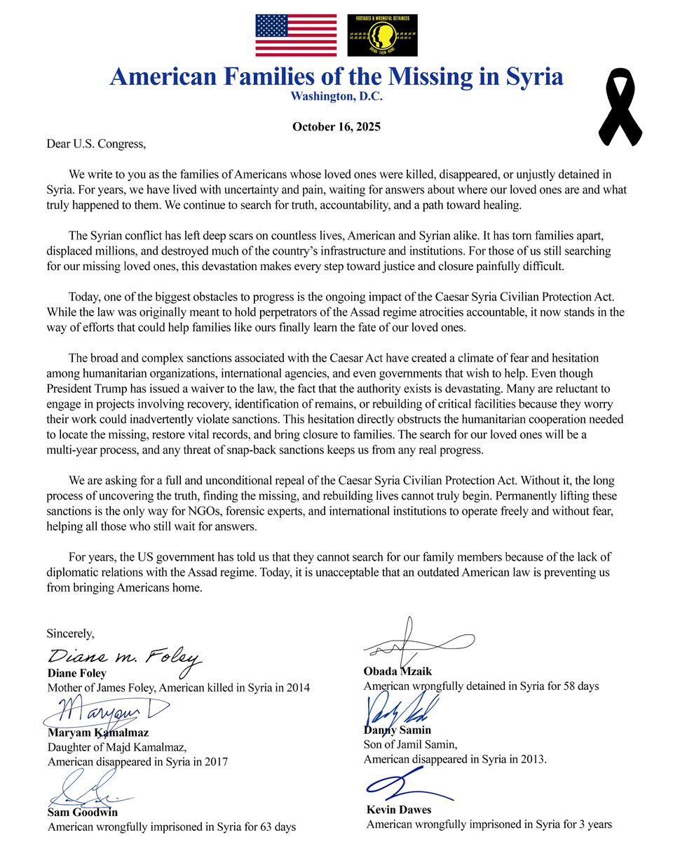 The letter by families of missing and detained Americans in Syria calling on the U.S. Congress to fully repeal Caesar Sanctions so they can pursue justice and the return of their loved ones.