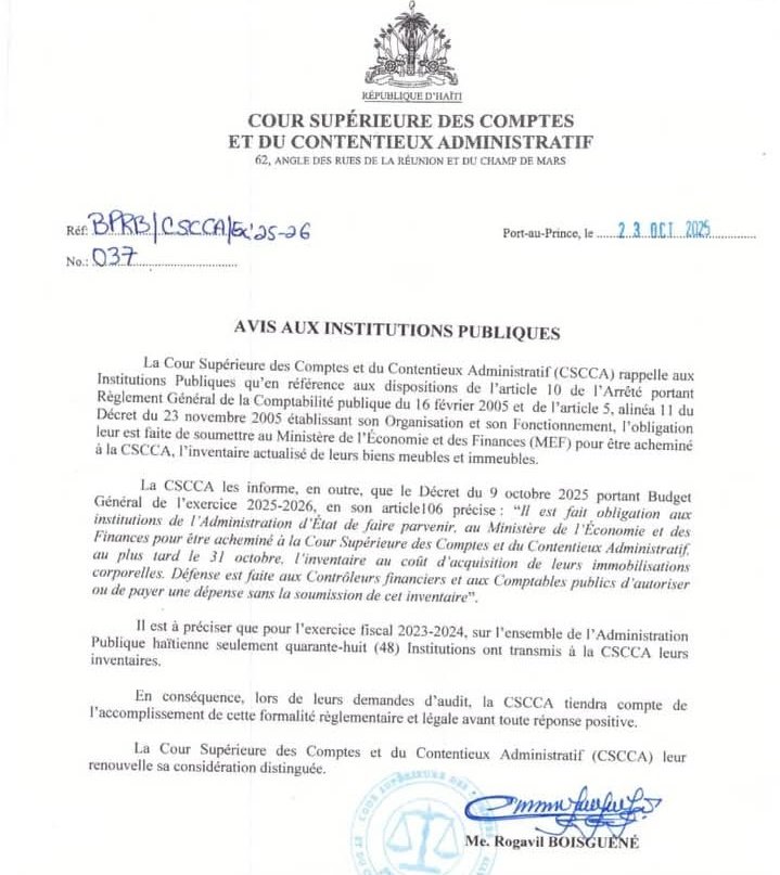 Kou siperyè dèkont ak kontansye administratif (CSCCA) raple a enstitisyon piblik yo pou soumèt anvan 31 oktòb 2025 envantè byen yo, konfòmeman a dekrè sou bidjè 2025-2026 la. Respè ak transparans nan gesyon patrimwàn piblik.
