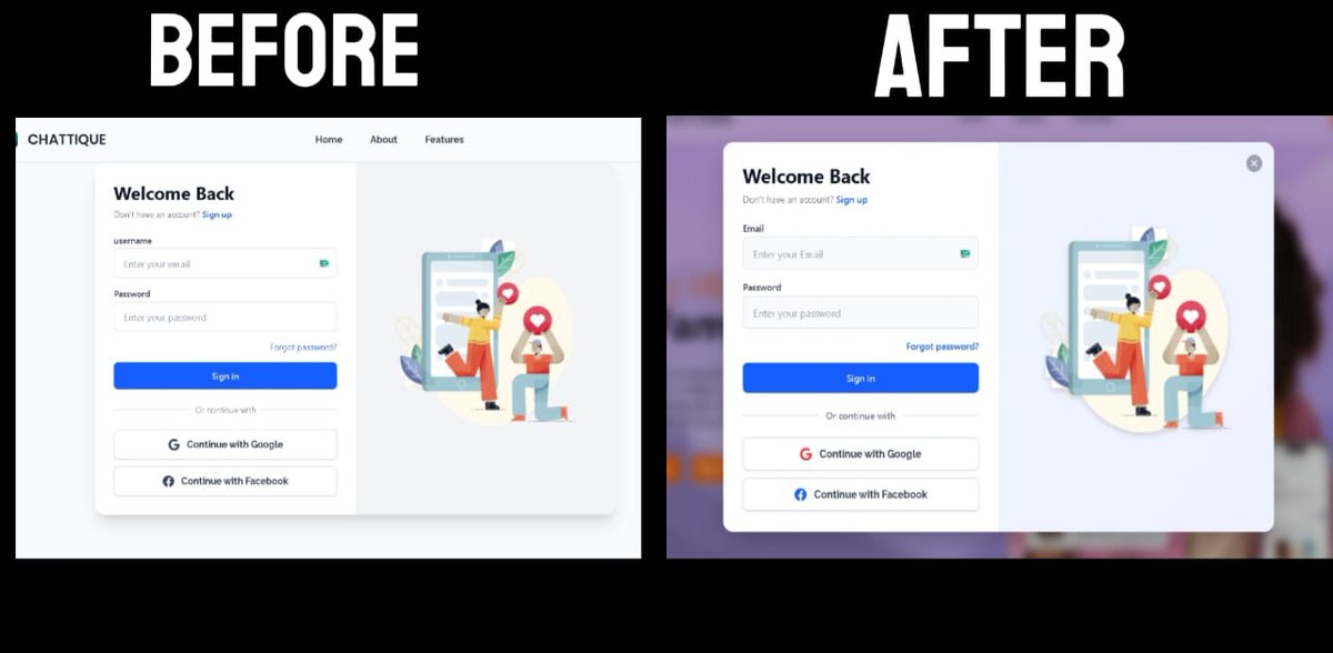 krushnaWebdev's tweet image. Uploading a quick before &amp;amp; after: login as a popup modal vs full separate login page. Which one do you like more for user experience modal or dedicated page? 
Drop your thoughts below! 
#webdev #UIDesign #reactjs