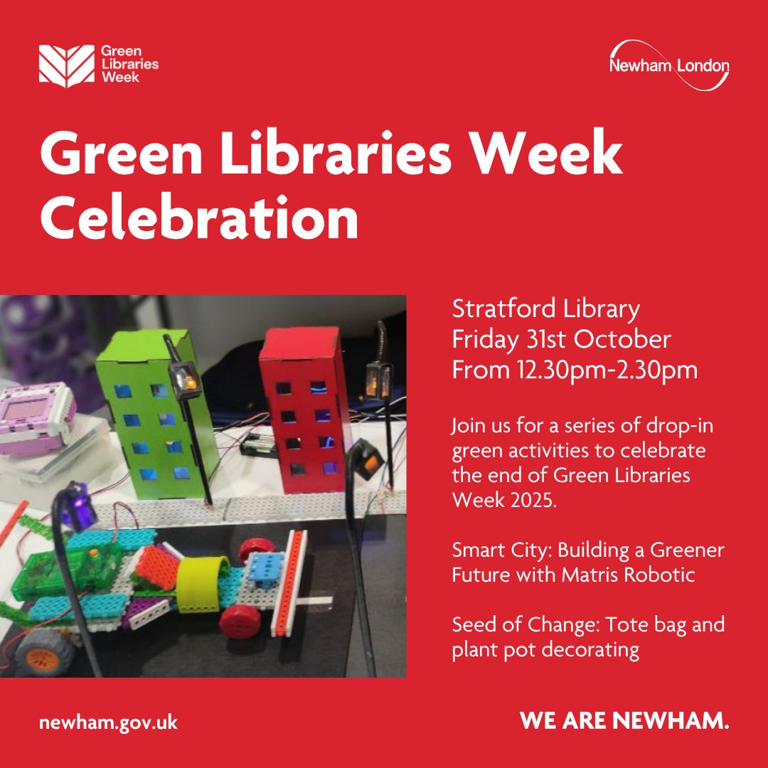 NewhamLondon's tweet image. 🌿 Celebrate #GreenLibrariesWeek at Stratford Library!

Drop in this Friday 31 Oct 12:30–2:30pm for:

🤖 Smart City: Greener Future w/ Matris Robotic
🪴 Seed of Change: Decorate tote bags &amp;amp; plant pots
📍 Stratford Library

🎟️  orlo.uk/x9CNG 

#EcoEvents #NewhamLibraries