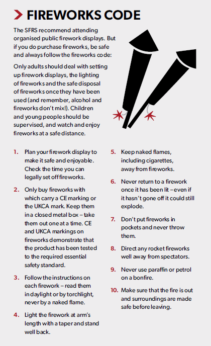SFRSYourSafety's tweet photo. We are reminding people of the dangers of fireworks as we approach Bonfire Night.

Check the Fireworks Code &amp; get essential tips on staying safe in our downloadable leaflet:
https://t.co/ooPUXyMIXX

Web: https://t.co/hyv8SiloaC https://t.co/3LyTlbaErs