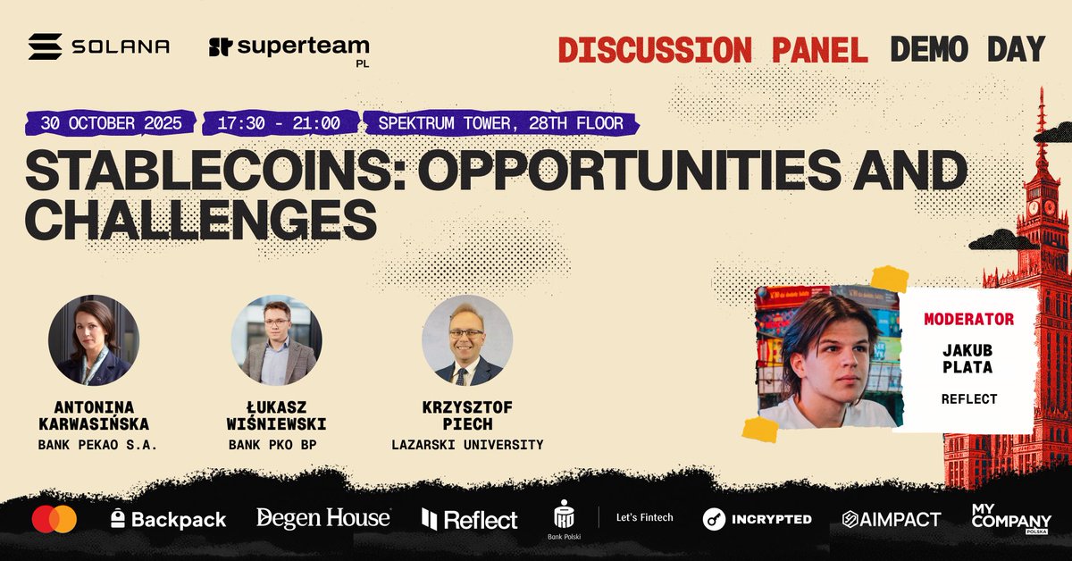 Demo Day - Discussion Panel 🎤

Join us tonight at Spektrum Tower (Warsaw) for a discussion on stablecoins, digital finance &amp; innovation with experts from Bank Pekao S. A., Bank PKO BP, and Łazarski University.

See you on the 28th floor!👇