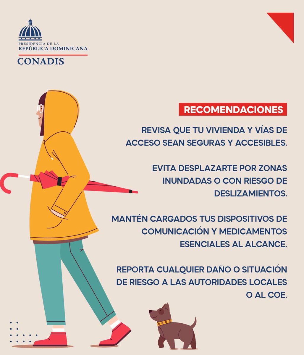 ConadisRD's tweet image. Tras las lluvias registradas en los últimos días, compartimos algunas recomendaciones importantes para proteger tu seguridad y la de tu familia. 🌧️💧

#Prevención #CONADIS #Lluvias