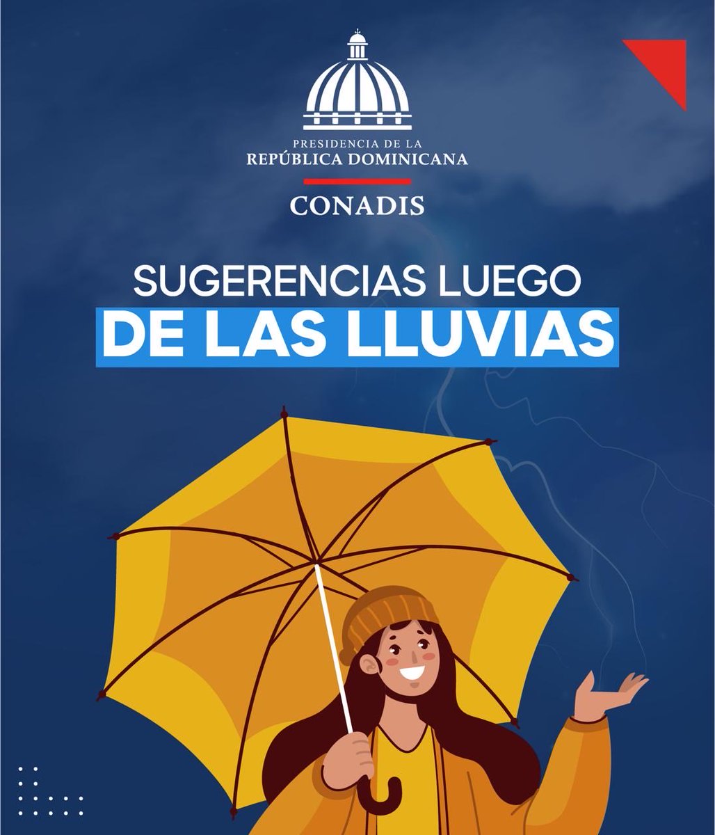 ConadisRD's tweet image. Tras las lluvias registradas en los últimos días, compartimos algunas recomendaciones importantes para proteger tu seguridad y la de tu familia. 🌧️💧

#Prevención #CONADIS #Lluvias