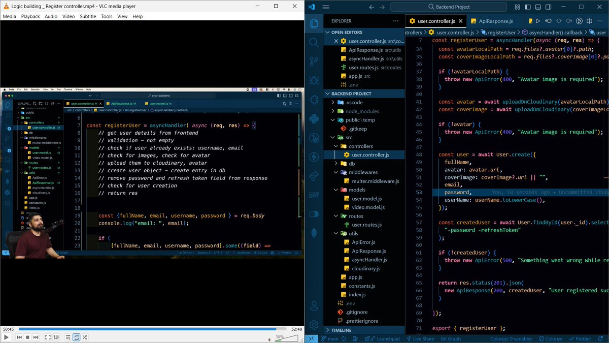 codeXninjaDev's tweet image. Day 14 of #BackendNinjaChallenge by @ChaiCodeHQ @Hiteshdotcom  
Built Register Controller 🧠⚙️
✔ Added validation & duplicate check
✔ Used Multer + Cloudinary for uploads
✔ Handled errors with asyncHandler & ApiError
✔ Sanitized response 
✔ Sent custom ApiResponse (201)🚀