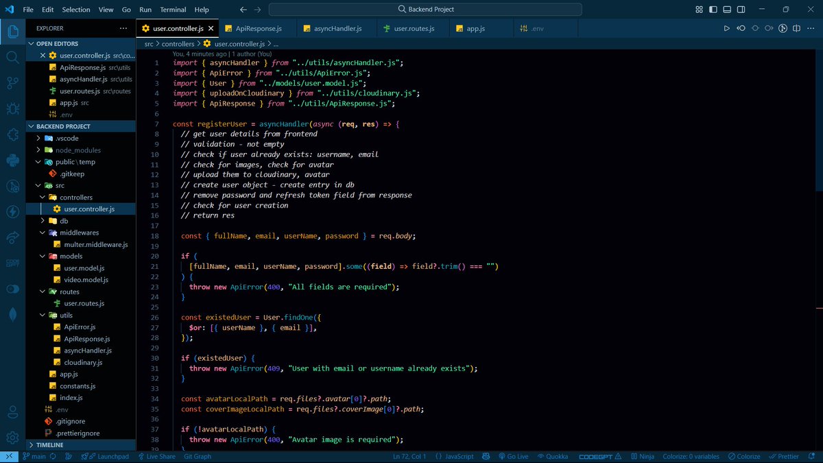 codeXninjaDev's tweet image. Day 14 of #BackendNinjaChallenge by @ChaiCodeHQ @Hiteshdotcom  
Built Register Controller 🧠⚙️
✔ Added validation & duplicate check
✔ Used Multer + Cloudinary for uploads
✔ Handled errors with asyncHandler & ApiError
✔ Sanitized response 
✔ Sent custom ApiResponse (201)🚀