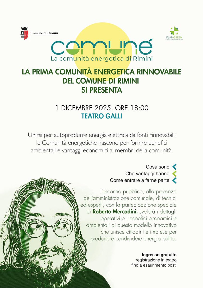 Rimini presenta la prima Comunità Energetica Rinnovabile (CER) 🌞
📅 1 dicembre ore 18 al Teatro Galli con Roberto Mercadini. 
Cittadini, imprese e Comune per produrre e condividere energia pulita.
Ingresso gratuito.
Info: comune.rimini.it/novita/notizie…

#rimini #comunerimini