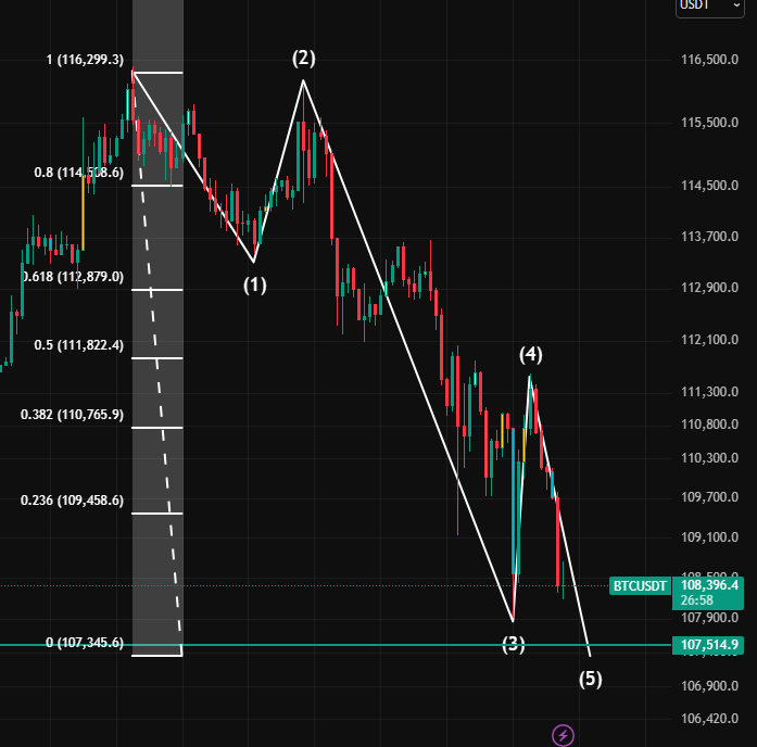 Trader_KingMars's tweet photo. 大饼1小时图，还有一个新低后反弹到112500附近再观察是否有第三波到103388的价格！ https://t.co/oCqLMeHGdQ