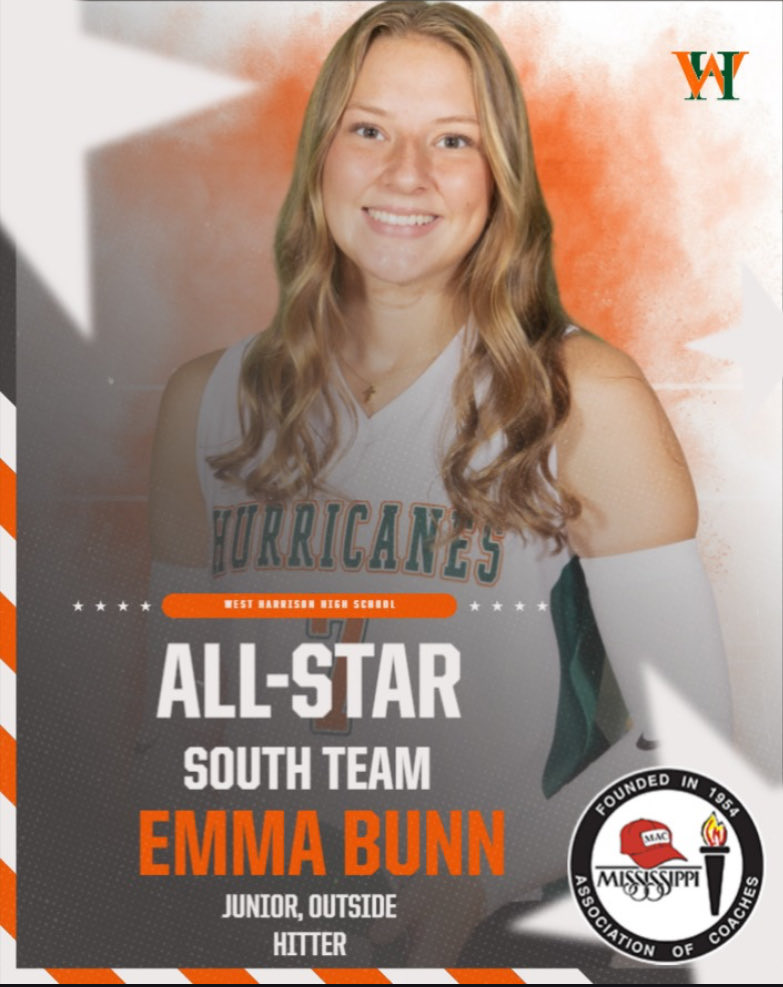 History Made! Congratulations to Emma Bunn, the first West Harrison player in school history to be selected to the Mississippi Association of Coaches Volleyball All-Star Team! Emma will represent the South as a Junior Outside Hitter in the North vs. South All-Star Game in July!