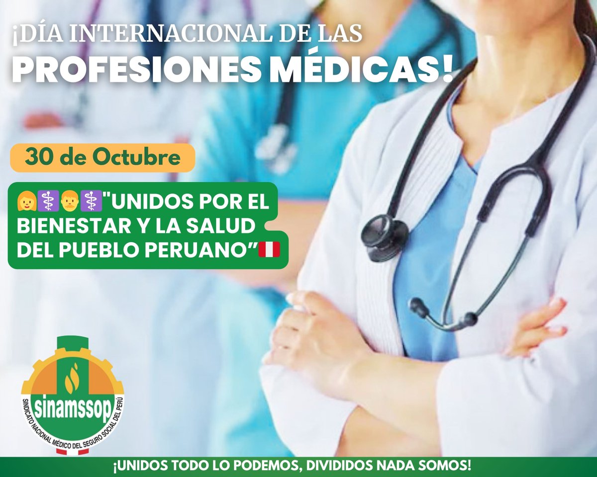 👩‍⚕️👨‍⚕️ ¡Feliz Día Internacional de las Profesiones Médicas! 💚
Desde SINAMSSOP reconocemos la entrega de todas las médicas y médicos del Perú y reafirmamos nuestro compromiso de seguir unidos por una salud digna y justa para todos.
✊¡Unidos todo lo podemos!
#segurosocial #essalud