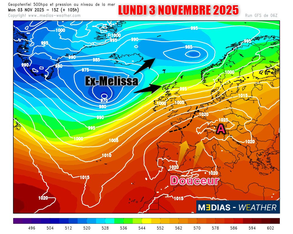 L'ancien  Ouragan Melissa, transformé en Dépression, circulera au sud de  l'Islande ce lundi 3 novembre et fera remonter  une masse d'air douce,  subtropicale des Açores vers les Îles Britanniques. #expertmteo #mediasweather #melissa #meteofrance