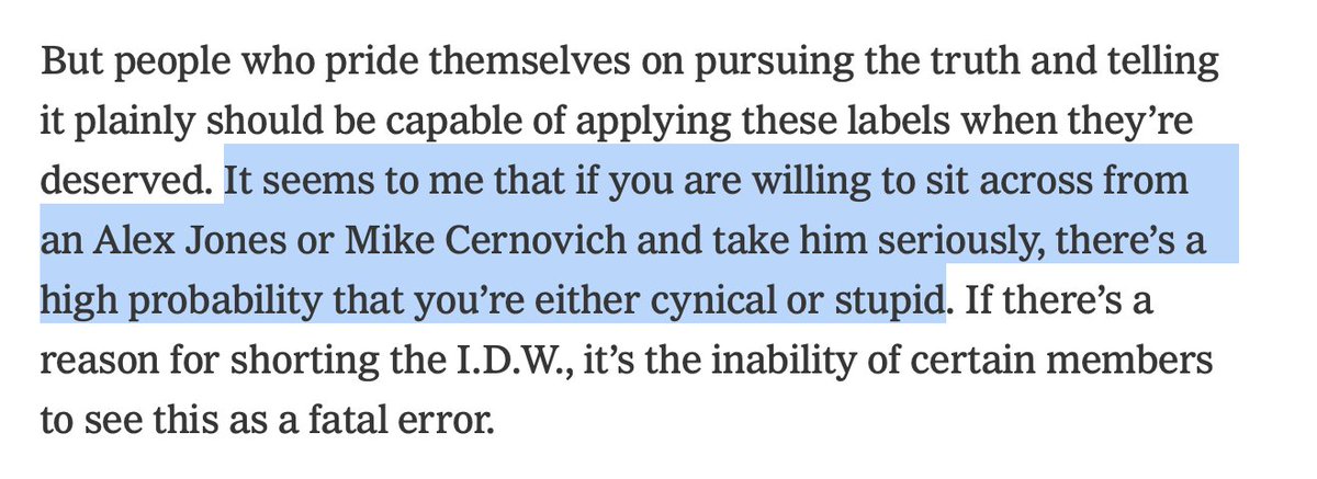 Cernovich's tweet image. Let's have a candid discussion of "Platforming." In 2018, Bari Weiss said that no one should talk to Alex Jones, Stefan Molyneux, Milo, and me. To even sit across from me, according to Ms. Weiss, meant you were "cynical or stupid." Well, EFF YOU, TOO.

But Sam Harris, who…