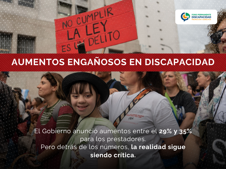 PermanenteForo's tweet photo. 🟥 AUMENTOS ENGAÑOSOS EN DISCAPACIDAD

El Gobierno anunció un incremento del 29% y 35% para los prestadores que brindan servicios a personas con discapacidad. Pero detrás de los números, la realidad es otra.

🔗👉🏽 Acceder al comunicado del del FORO: https://t.co/ypb3lOlt6h https://t.co/8batZF3H4a