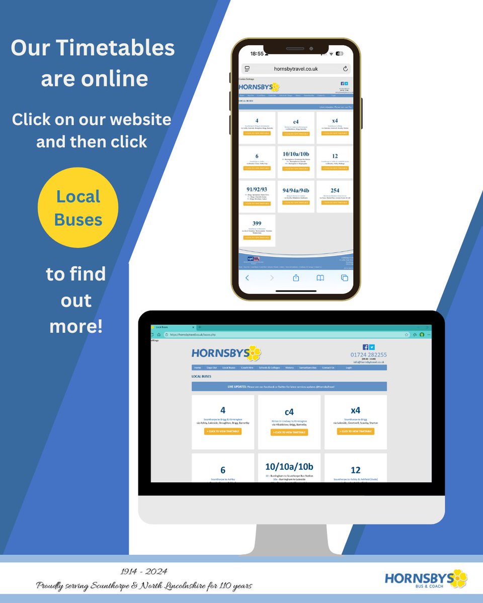 Checking your route has never been easier! Did you know all our timetables are available online so you can travel with confidence.

Find the service that works best for you and start planning today:
hornsbytravel.co.uk/buses.php