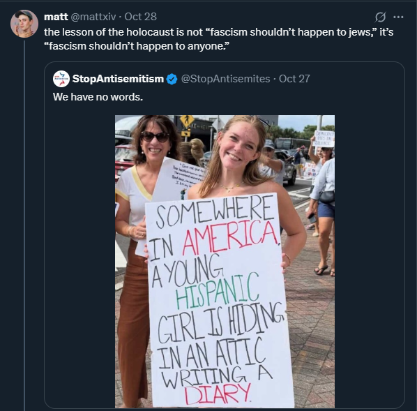 HenMazzig's tweet photo. Anne Frank wasn’t an analogy. She was a Jewish child hunted and murdered.

The Holocaust wasn’t a lesson in empathy. It was the extermination of a people overlooked by the world.

Stop recycling our dead as your protest signs. https://t.co/closfd6Dp4